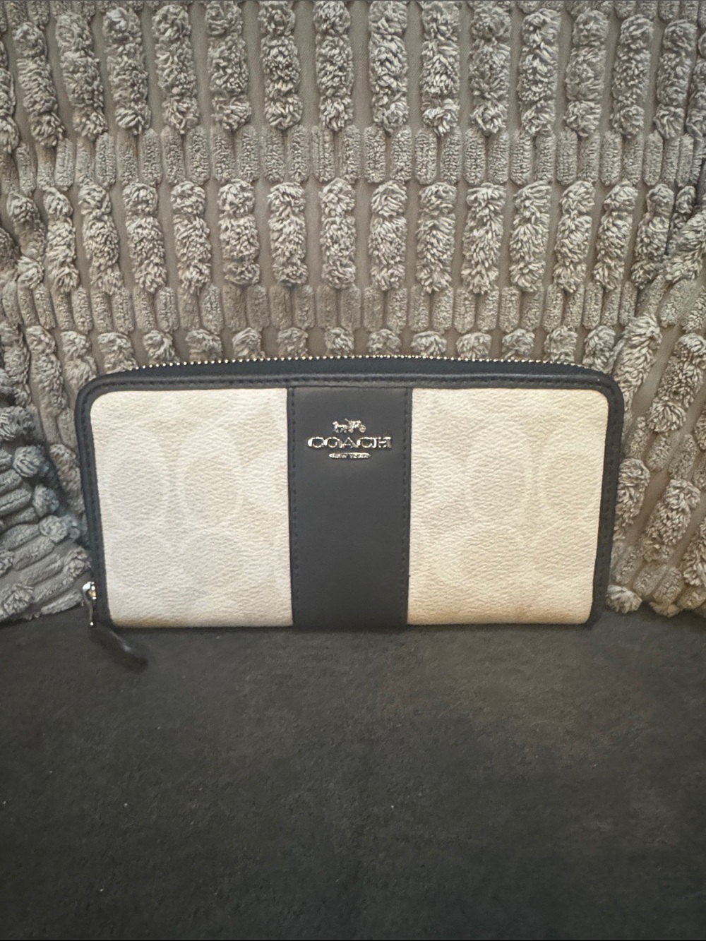 Coach Cream Canvas Zip Wallet with Black Center Stripe